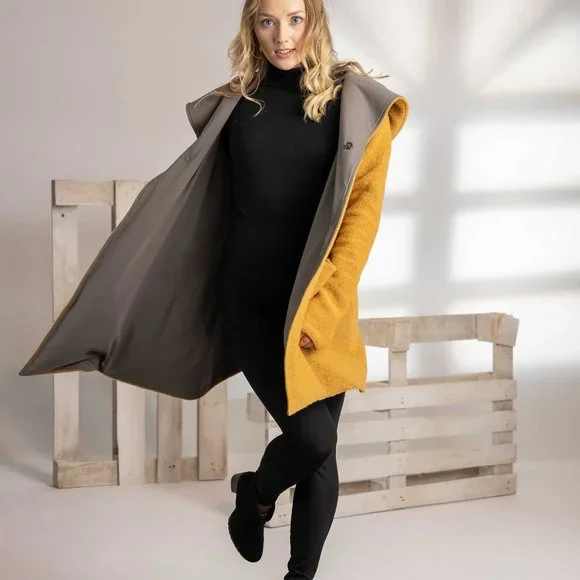 Hooded Wool Cardigan Coat, Short Mustard Jacket, Plus Size Wool